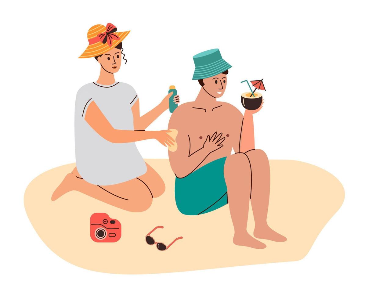 peau se soucier avec crème solaire crème. femme sur plage s'applique crème solaire, été corps hydrater, Soleil bloquer pour uv protection sur homme. plat graphique vecteur illustration isolé sur blanc Contexte.