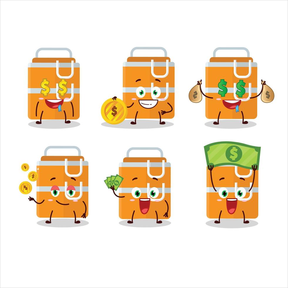 Orange le déjeuner boîte dessin animé personnage avec mignonne émoticône apporter argent vecteur