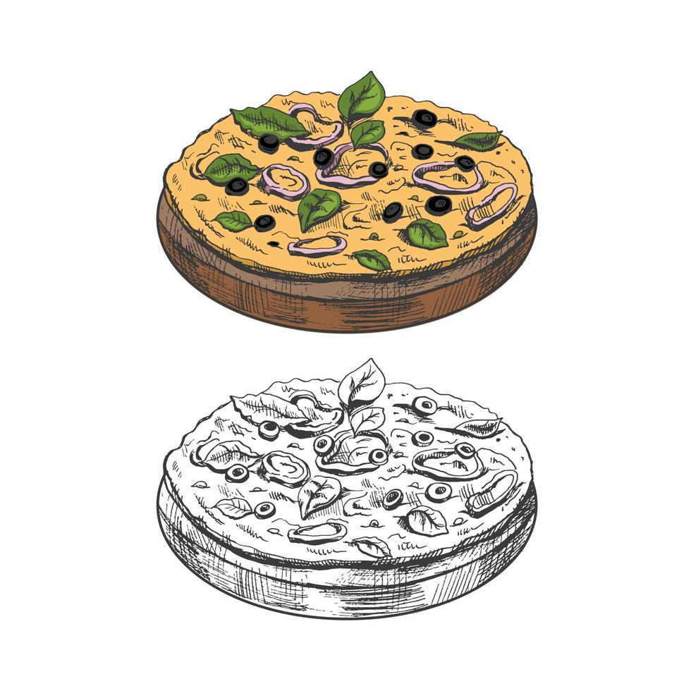 dessiné à la main coloré et monochrome esquisser de végétarien Pizza sur une en bois assiette isolé sur blanc Contexte. vite nourriture ancien illustration. génial pour menu, affiche ou restaurant Contexte. vecteur