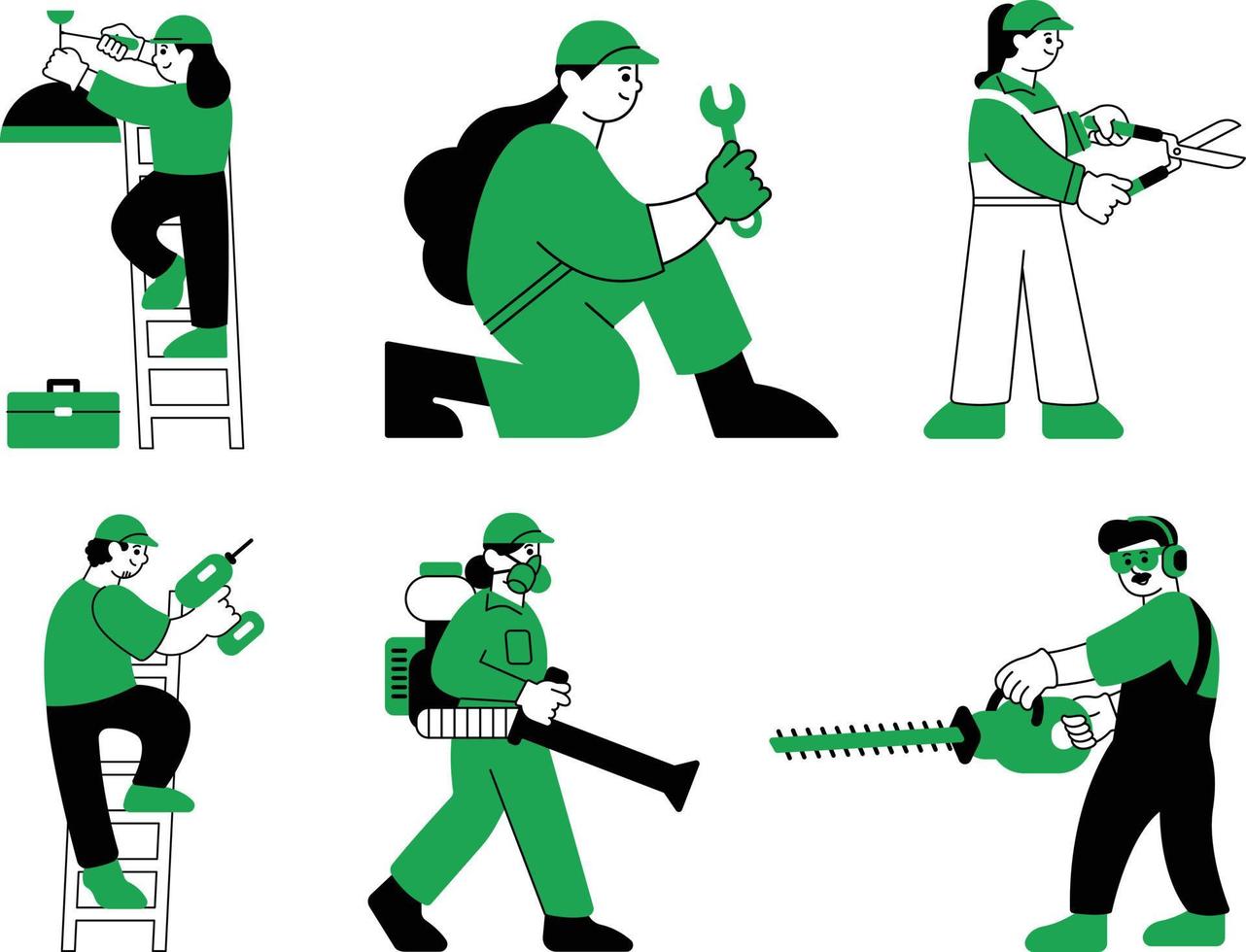 ensemble de Hommes et femmes dans uniforme avec outils. vecteur illustration.