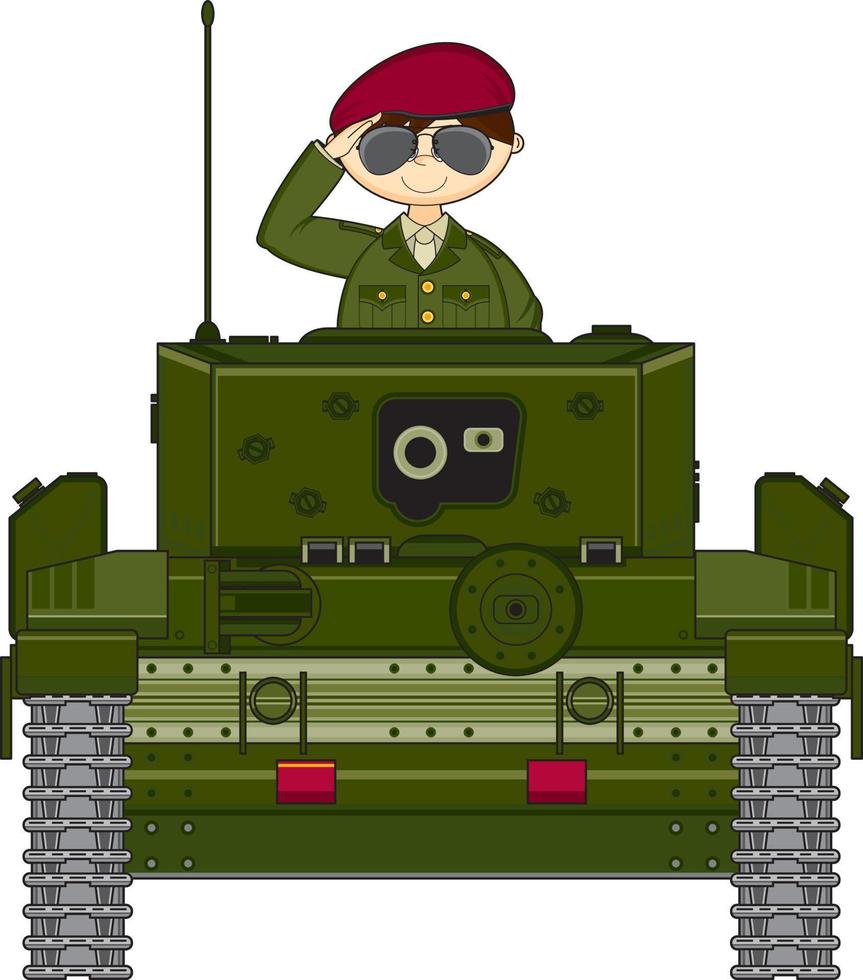 mignonne dessin animé saluer armée soldat dans blindé réservoir militaire histoire illustration vecteur