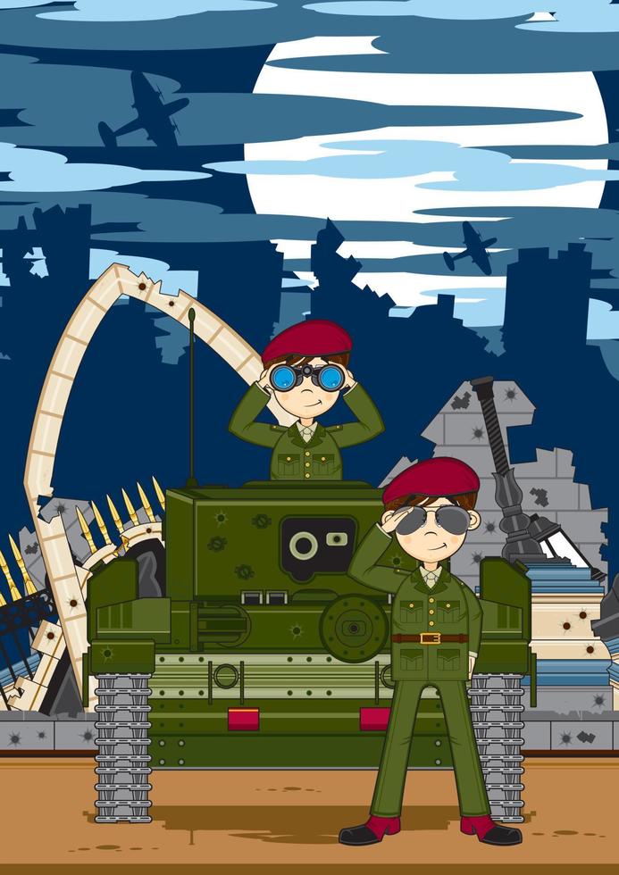 mignonne dessin animé armée soldats et blindé réservoir militaire histoire illustration vecteur