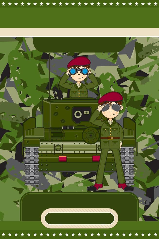 mignonne dessin animé armée soldats et blindé réservoir militaire histoire illustration vecteur