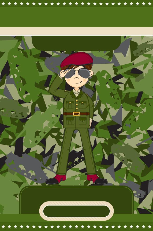 dessin animé saluer armée soldat sur camo Contexte militaire histoire illustration vecteur