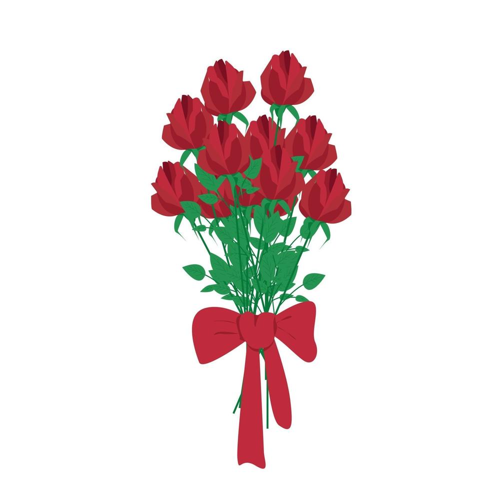 bouquet de roses rouges attaché avec un grand arc rouge, beau bouquet élégant de fleurs, cadeau pour toutes les vacances, image vectorielle, isoler sur fond blanc. vecteur