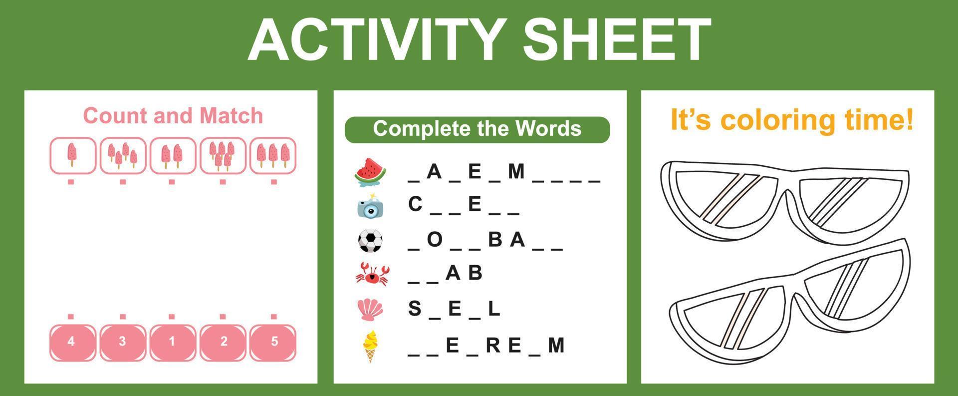 3 dans 1 imprimable activité feuille pour les enfants. activité feuille pour les enfants. éducatif imprimable feuille de travail. été feuille de travail thème. vecteur