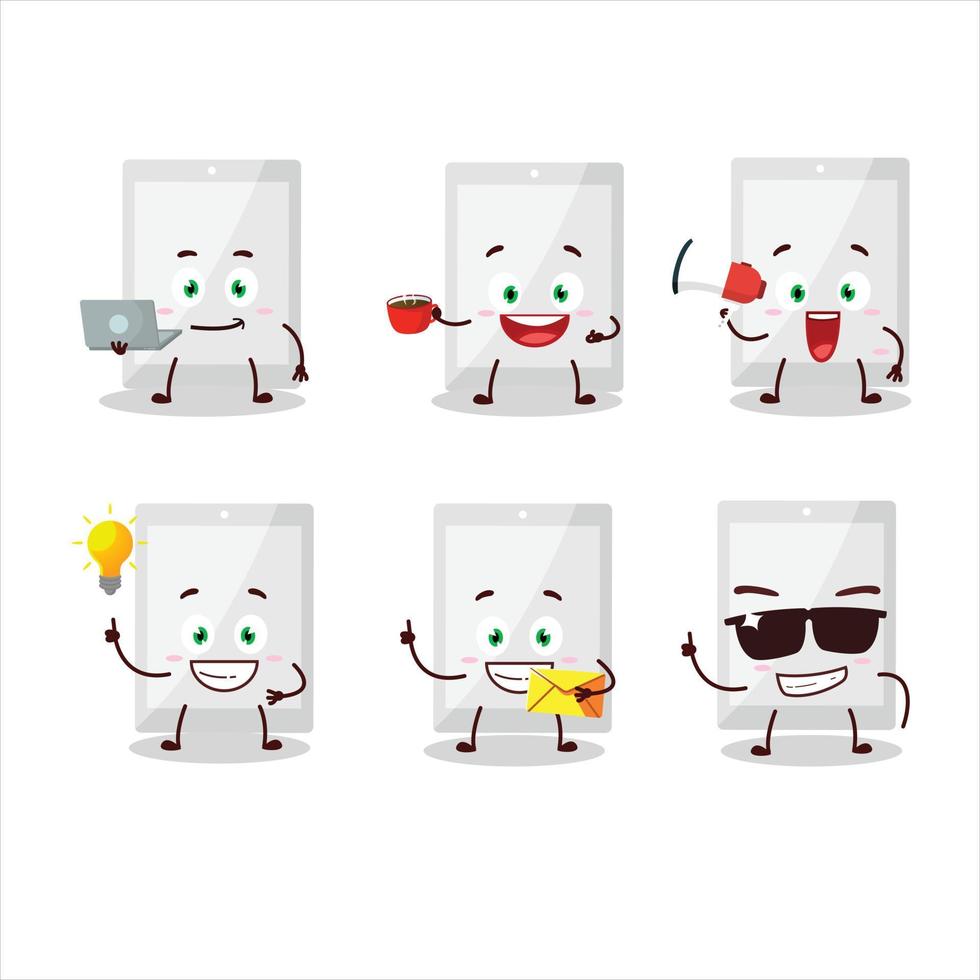 blanc tablette dessin animé personnage avec divers les types de affaires émoticônes vecteur