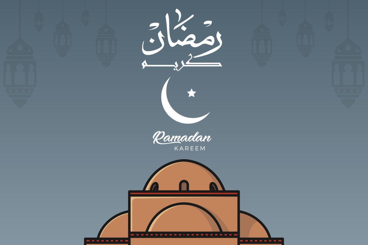 moderne style Ramadan mubarak salutation cartes conception, lune, mosquée dôme et lanternes. Ramadan kareem vecteur salutation Publier conception. islamique vacances icône concept. Ramadan kareem arabe calligraphie conception.