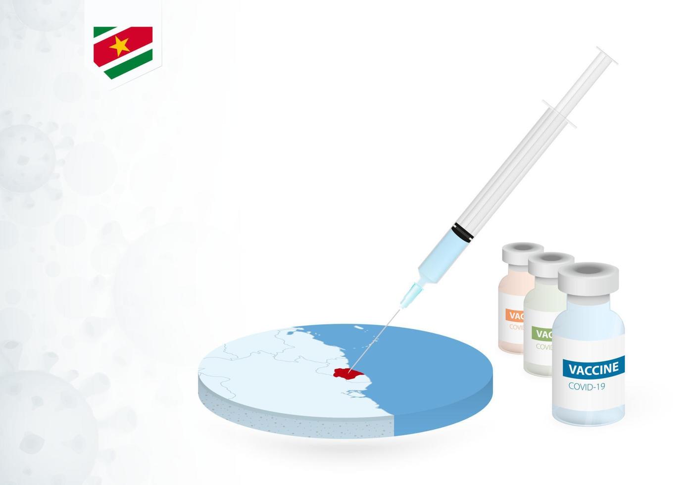 vaccination dans suriname avec différent type de covid-19 vaccin. concept avec le vaccin injection dans le carte de surinam. vecteur