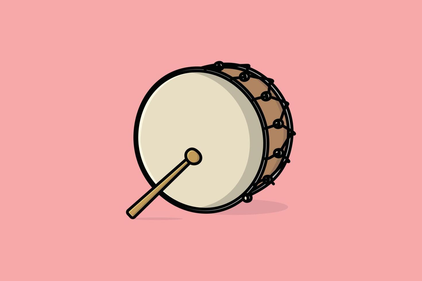 caisse claire de tambour avec illustration vectorielle de bâtons. concept d'icône d'objet d'instrument de musique. symbole musical de tambour ou caisse claire avec dessin vectoriel de bâtons sur fond rose avec ombre.