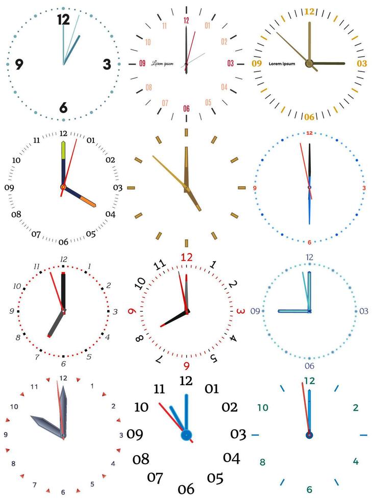 une ensemble de différent mécanique horloges avec un image de chaque de le Douze heures. l'horloge visage sur blanc Contexte. vecteur