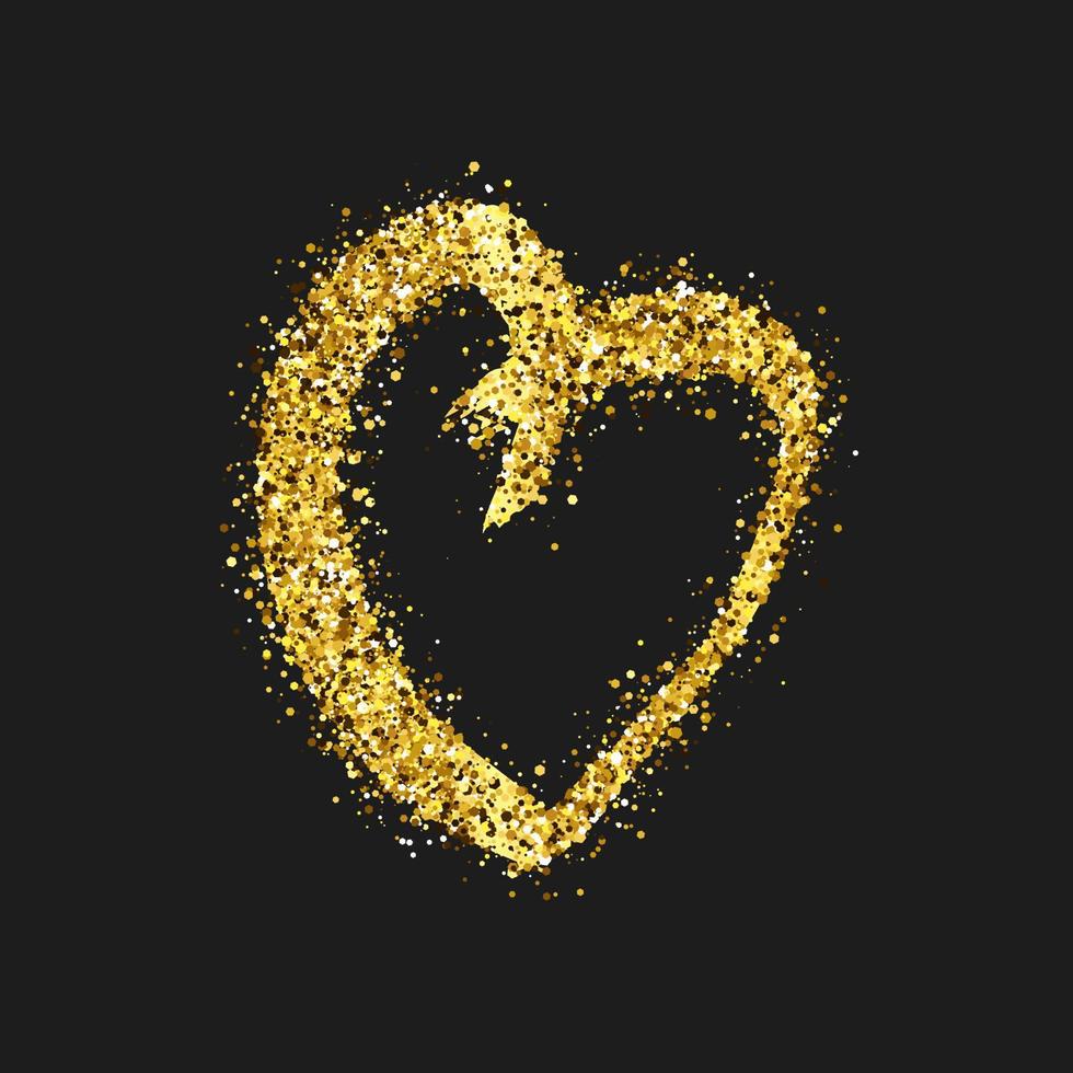 coeur de doodle de paillettes d'or sur fond sombre. coeur dessiné à la main grunge or. symbole de l'amour romantique. illustration vectorielle. vecteur