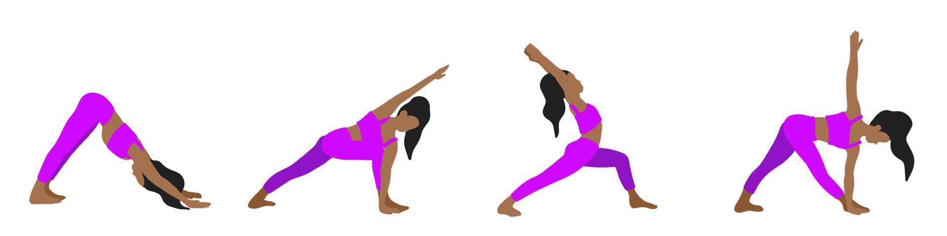 souplesse yoga pose collection. africain américain cheveux longs femme, dame, femme, fille. pilates, mental santé, entraînement, salle de sport. vecteur illustration dans dessin animé plat style isolé sur blanc Contexte.