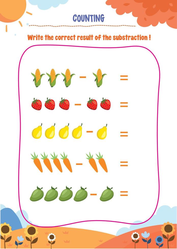 apprentissage compte, ajout, soustraction pour des gamins avec mignonne des photos comme animaux, nourriture, boissons, jouets, des fruits et des légumes vecteur