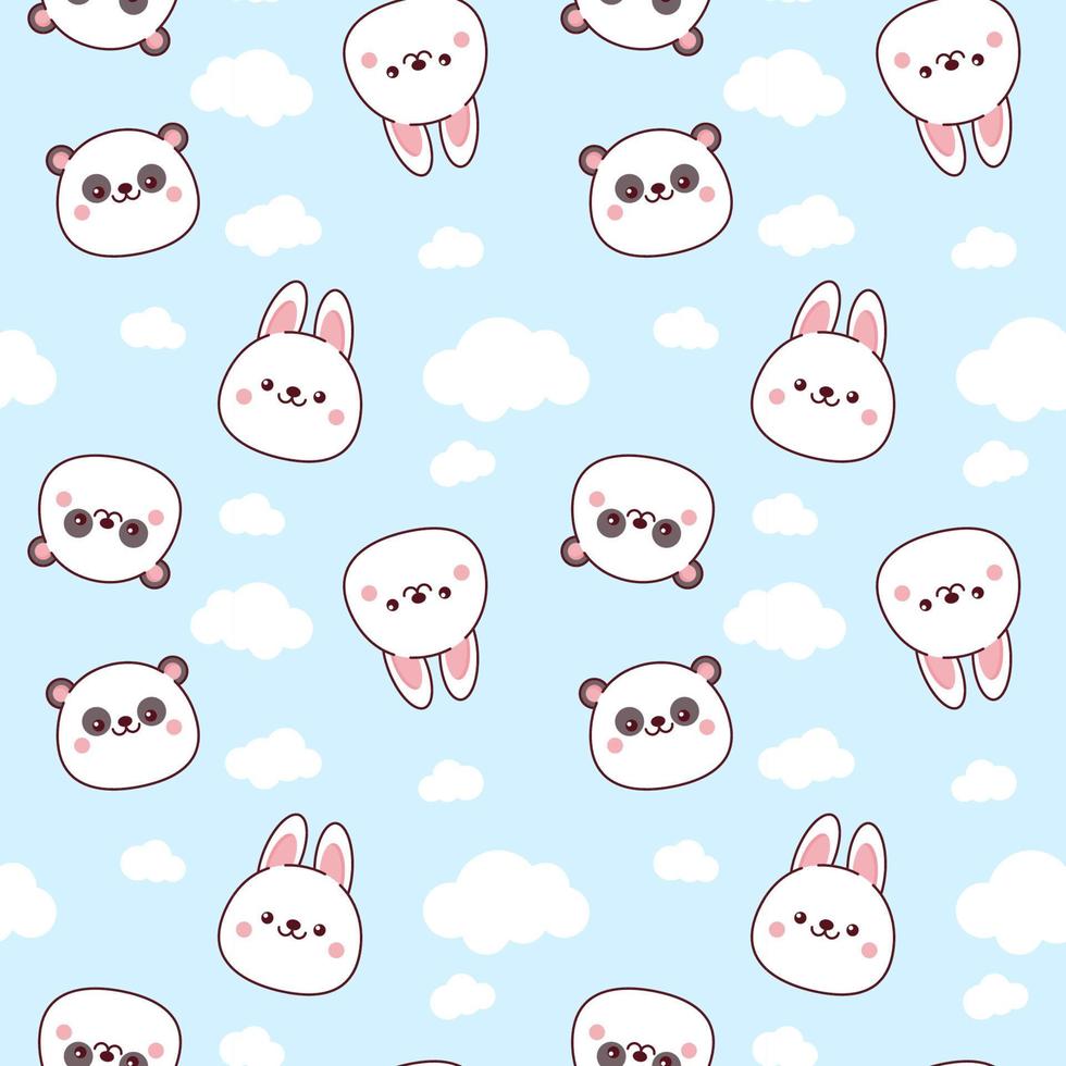 mignonne sans couture modèle de Panda et lapin visages avec blanc des nuages sur une bleu Contexte vecteur