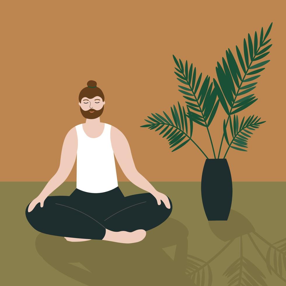 homme Faire yoga, méditation dans le pièce avec une plante d'appartement. une calme personnage est séance sur le sol. une la personne est engagé dans des exercices dans harmonie avec lui-même, jouit. dessin animé vecteur illustration