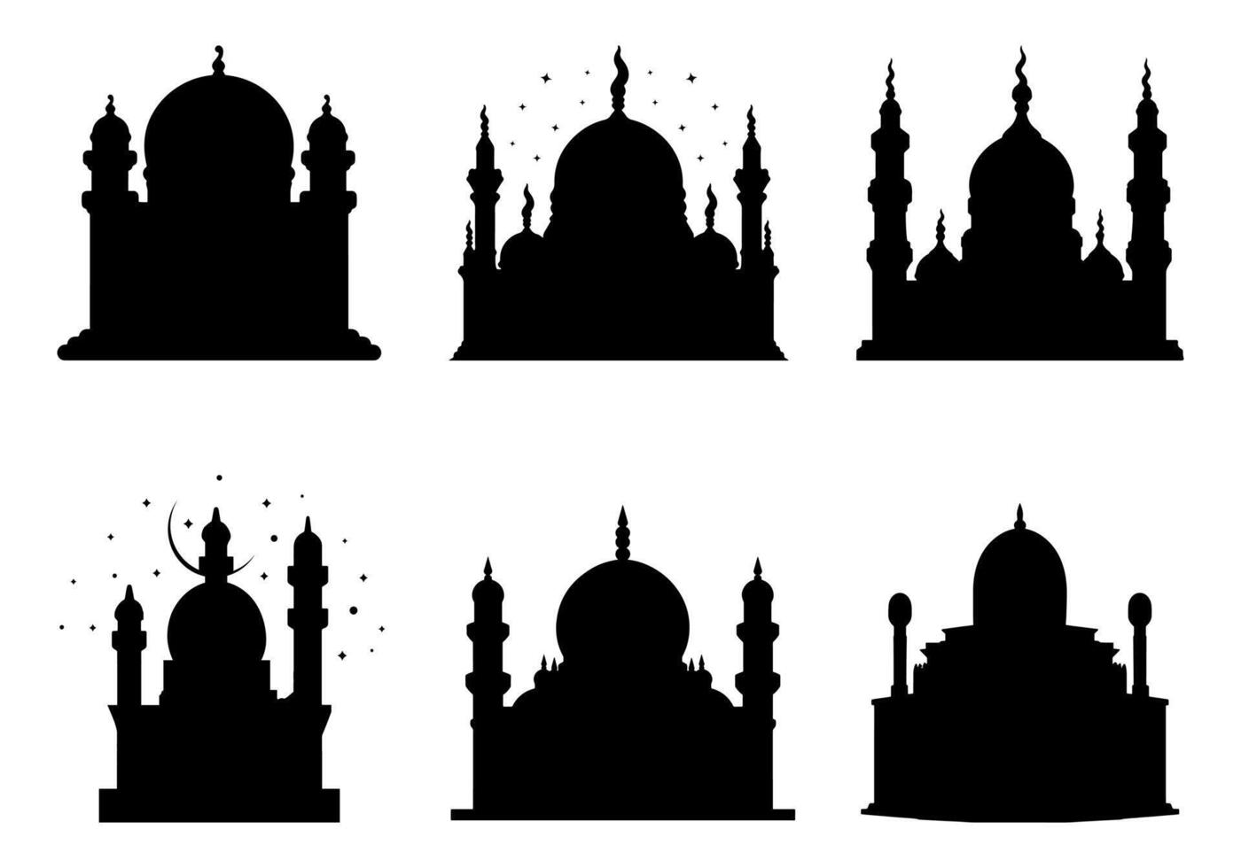 mosquée silhouette ensemble gratuit, ensemble de plat mosquée silhouette, islamique mosquée bâtiments silhouettes, mosquée noir silhouette vecteur