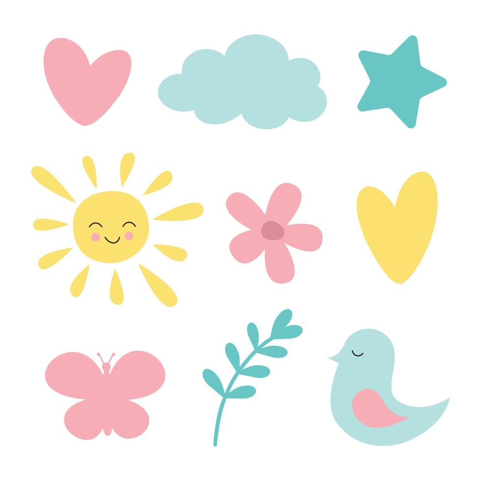 dessin animé vecteur illustration avec nuage, soleil, cœurs, fleur, papillon, oiseau.