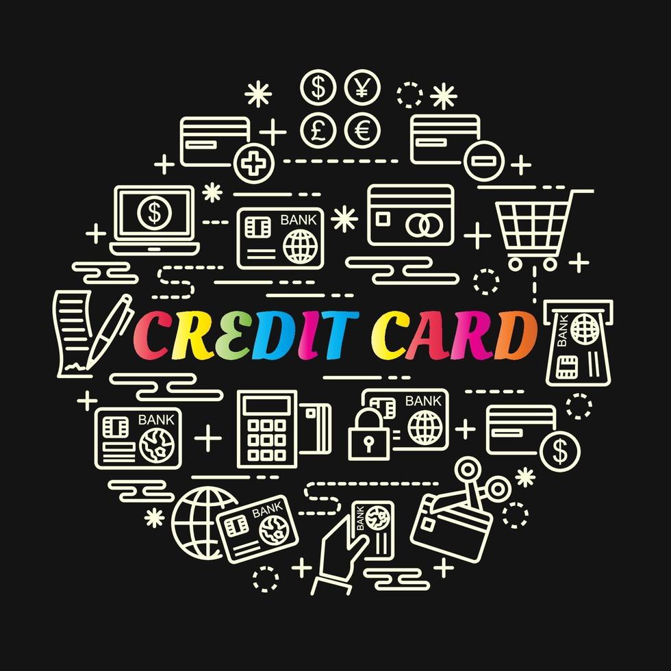 lettrage dégradé coloré de carte de crédit avec des icônes de ligne vecteur