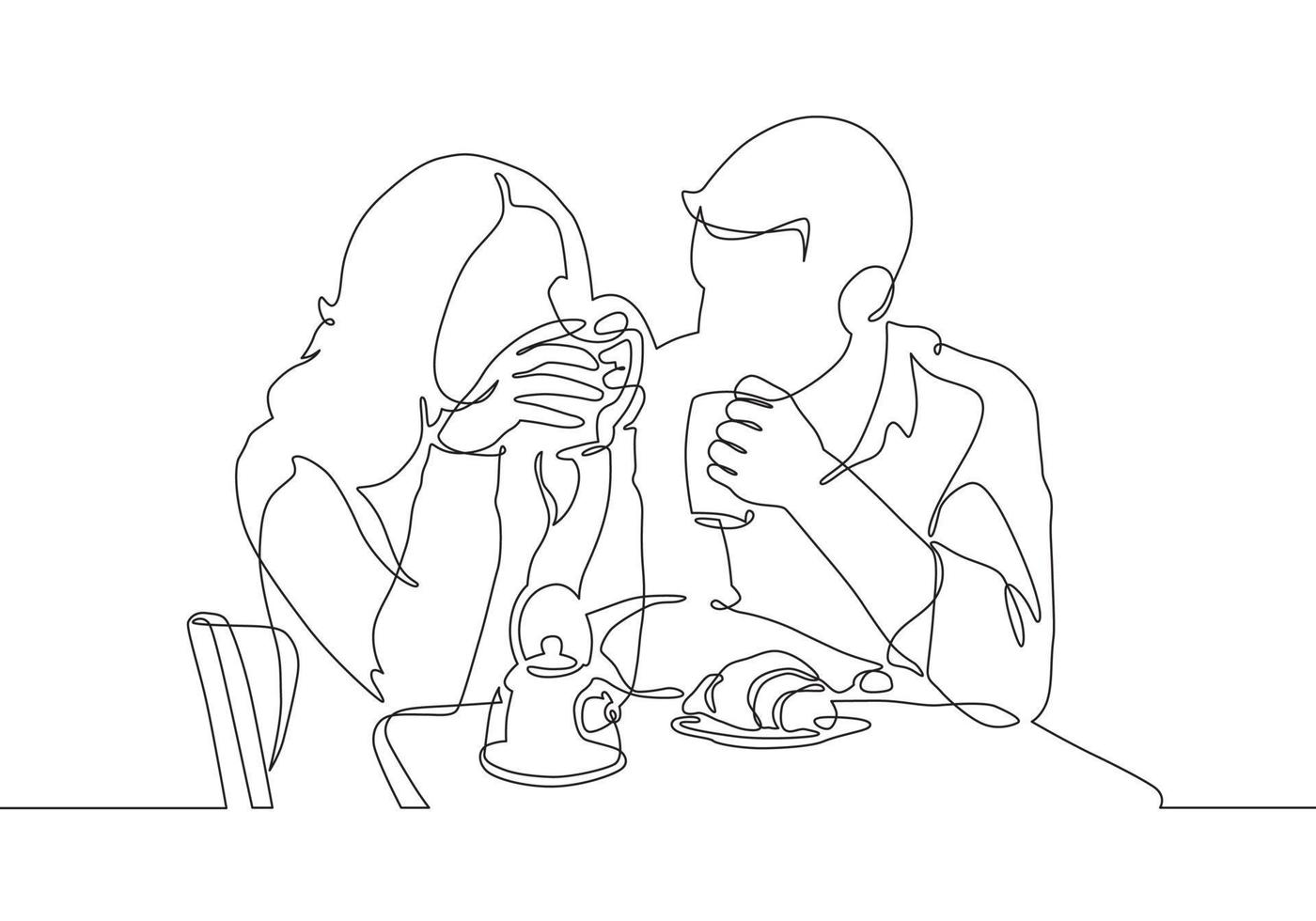 Jeune aimant couple dans une café. une femme et une homme asseoir pour café et aliments. un continu doubler. minimal illustration vecteur