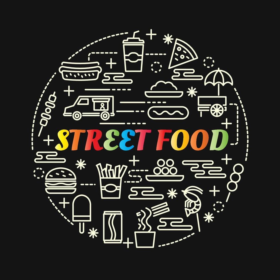 lettrage dégradé coloré de nourriture de rue avec des icônes de ligne vecteur