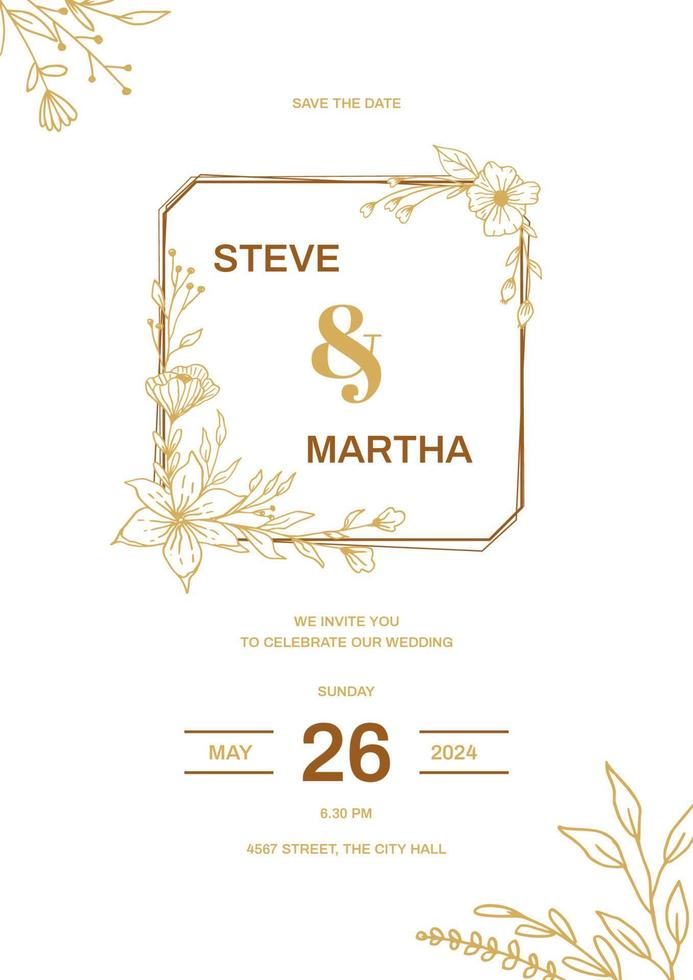 minimaliste mariage invitation modèle avec or main tiré feuilles et fleurs décoration vecteur