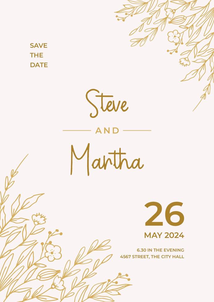 minimaliste mariage invitation modèle avec or main tiré feuilles et fleurs décoration vecteur