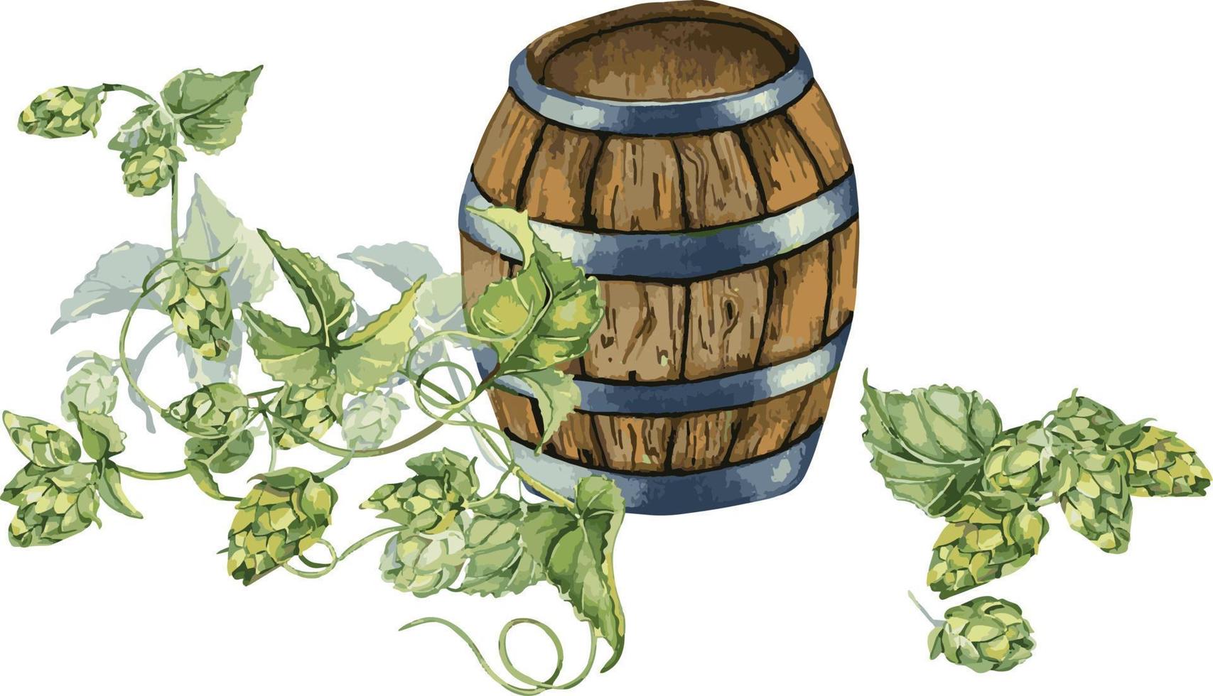 bannière de en bois Bière baril et saut vigne aquarelle illustration isolé sur blanc Contexte. vecteur