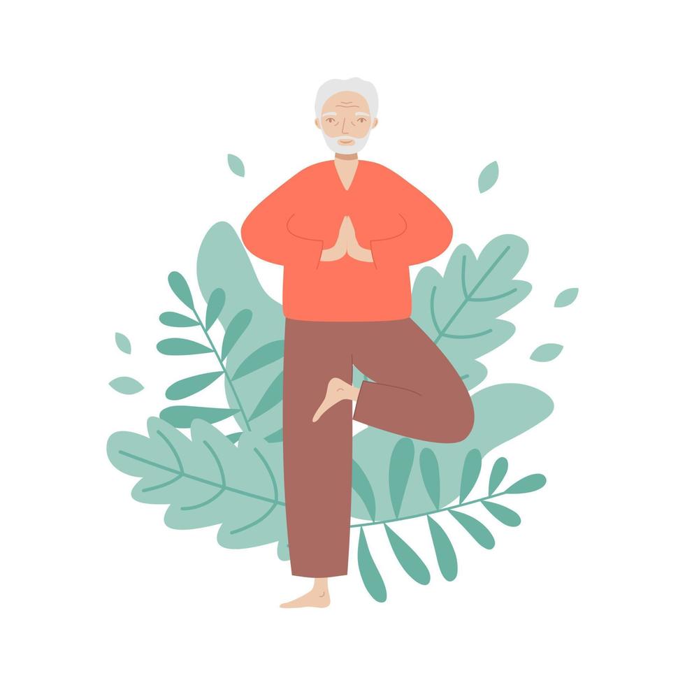 Sénior homme Faire yoga avec feuilles Contexte. vieux homme pratiquant méditation, faire de l'exercice, en gardant actif en bonne santé mode de vie vecteur