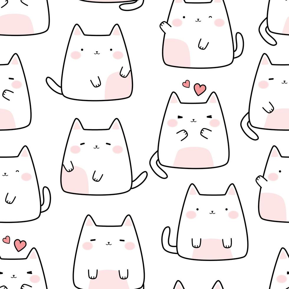 Modèle sans couture de dessin animé mignon chaton chat blanc potelé doodle vecteur