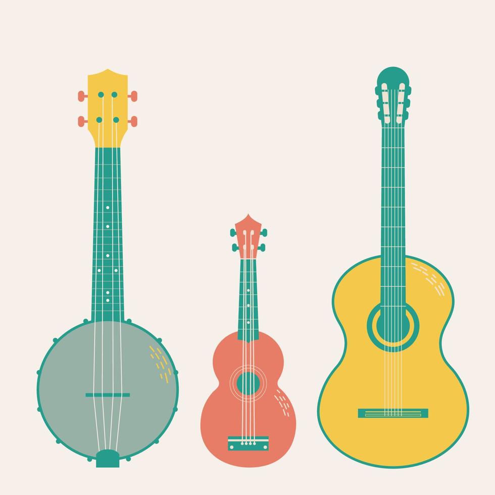 vecteur ensemble de musical cordes instruments tiré dans dessin animé plat style. isolé sur beige Contexte - guitare, banjo, ukulélé.