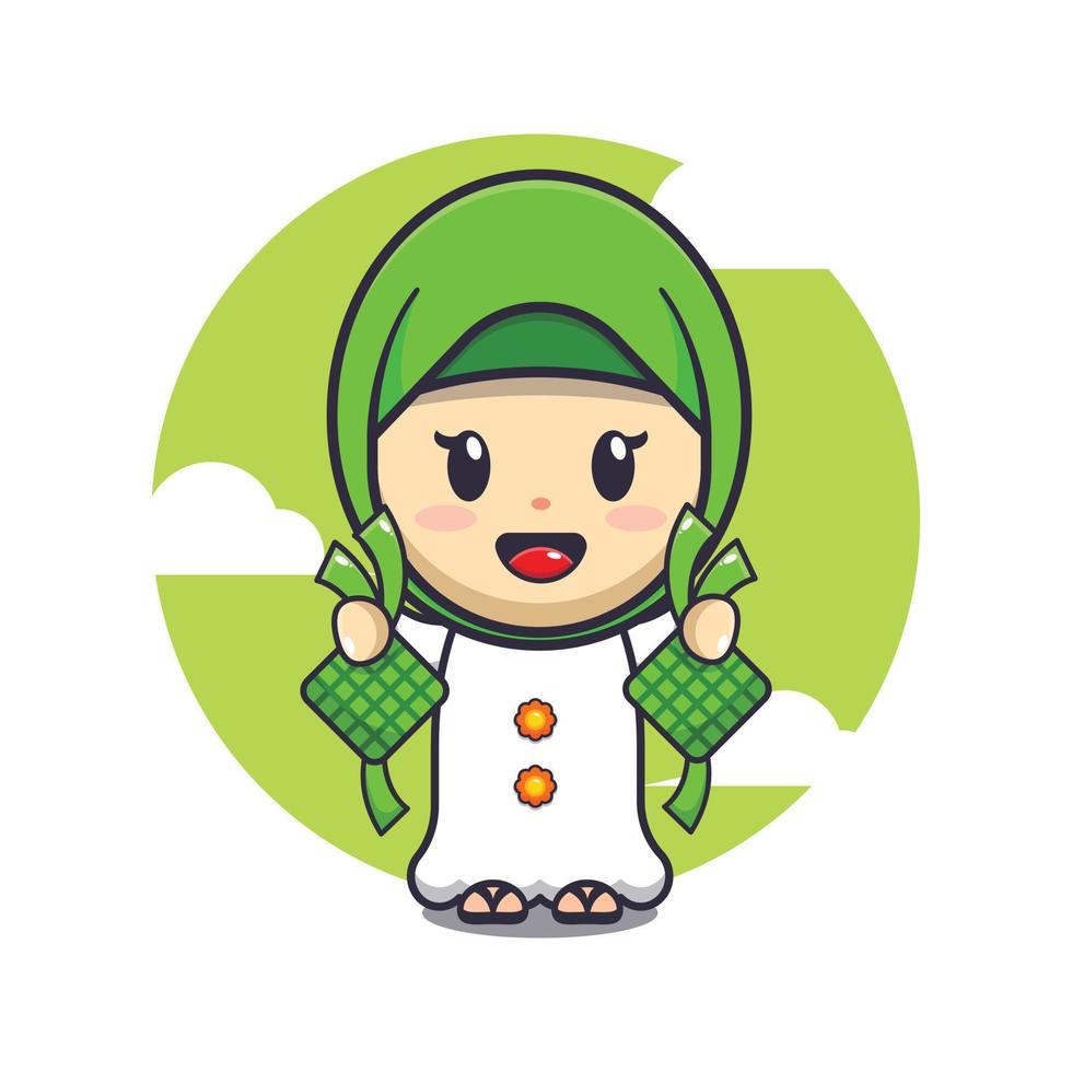 mignonne fille en portant ketupat dessin animé vecteur illustration. Ramadan dessin animé mascotte vecteur illustration.