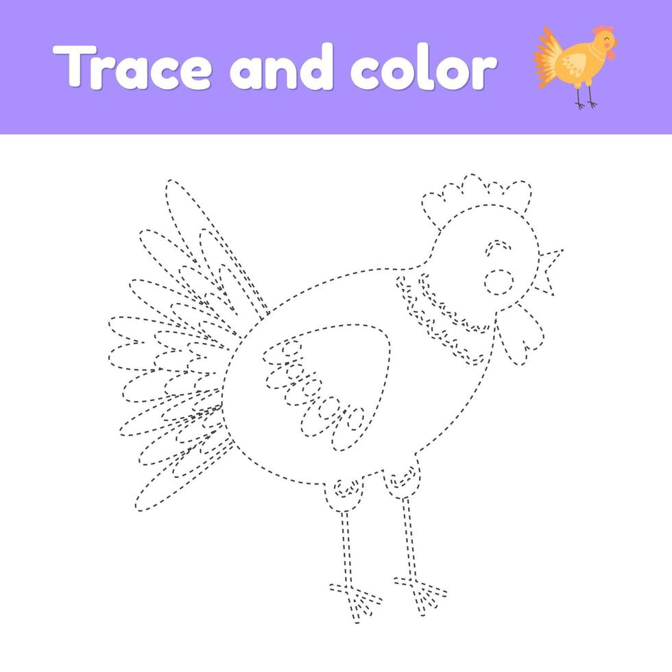 livre de coloriage avec un animal de ferme mignon un poulet. pour les enfants d'âge préscolaire et scolaire. trace de la feuille de calcul. développement de la motricité fine et de l'écriture manuscrite. vecteur