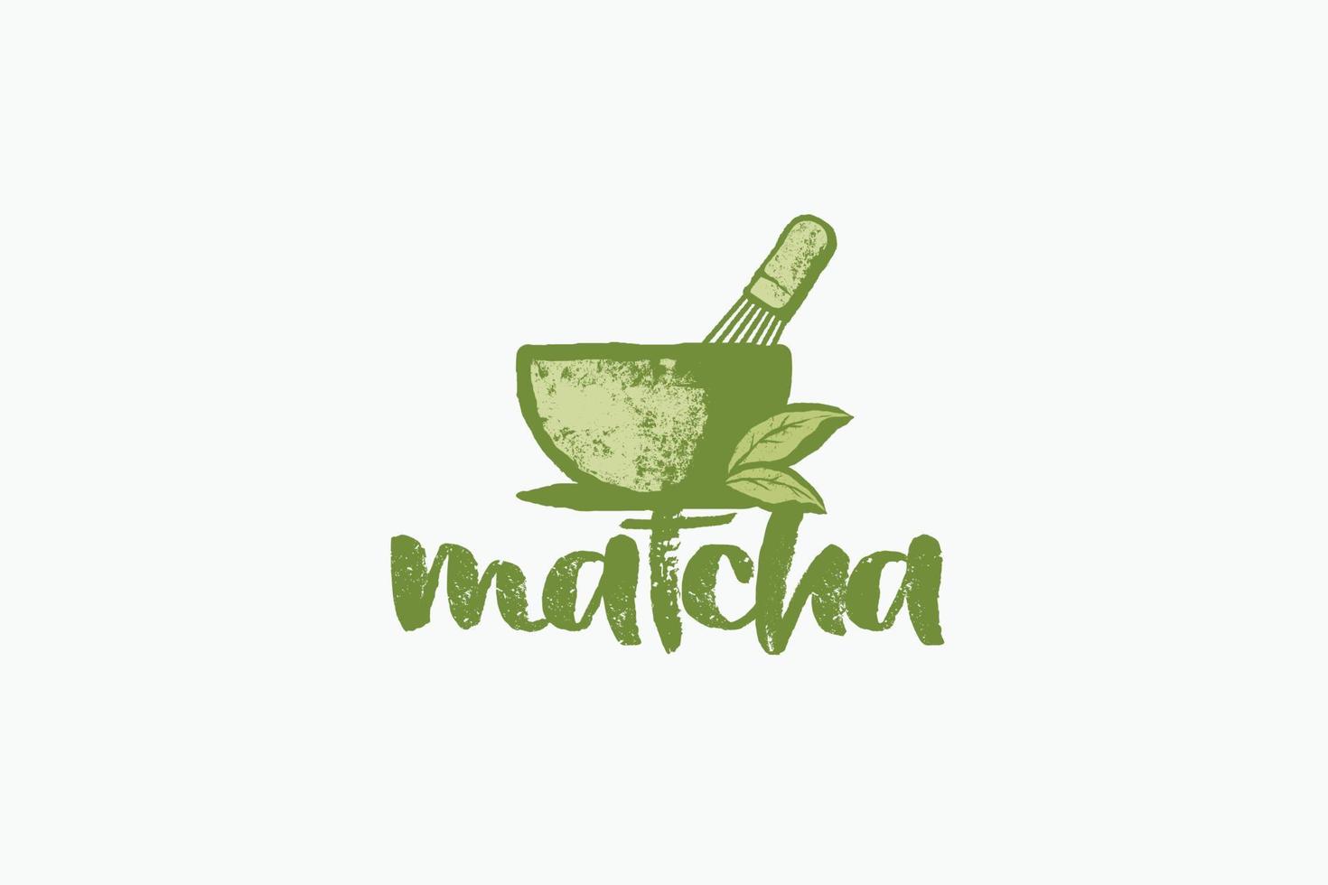 matcha logo avec une combinaison de une tasse de matcha, fouet et thé feuilles dans ancien style. vecteur