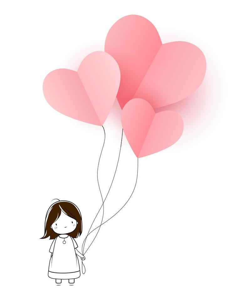 mignonne bébé fille avec cœur des ballons. vecteur illustration