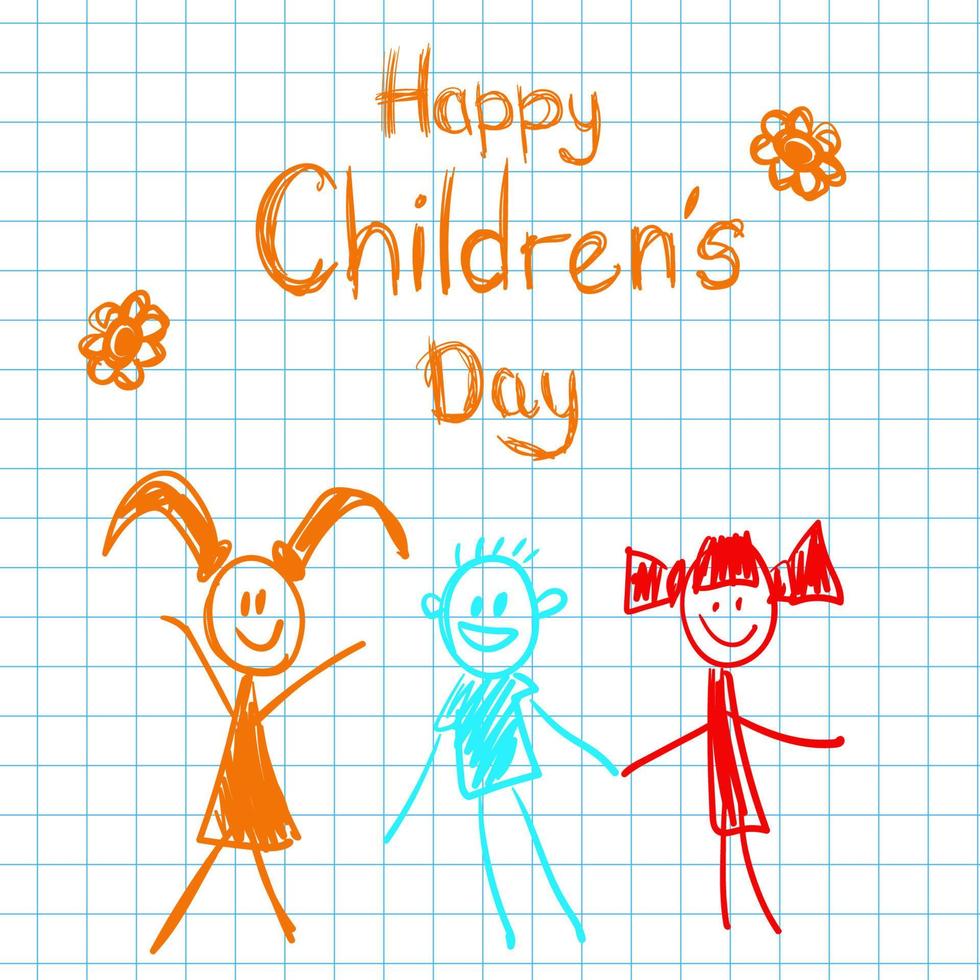 affiche avec carnet papier et mignonne griffonnage dessin de content des gamins et préceptes à célébrer les enfants s journée. vecteur