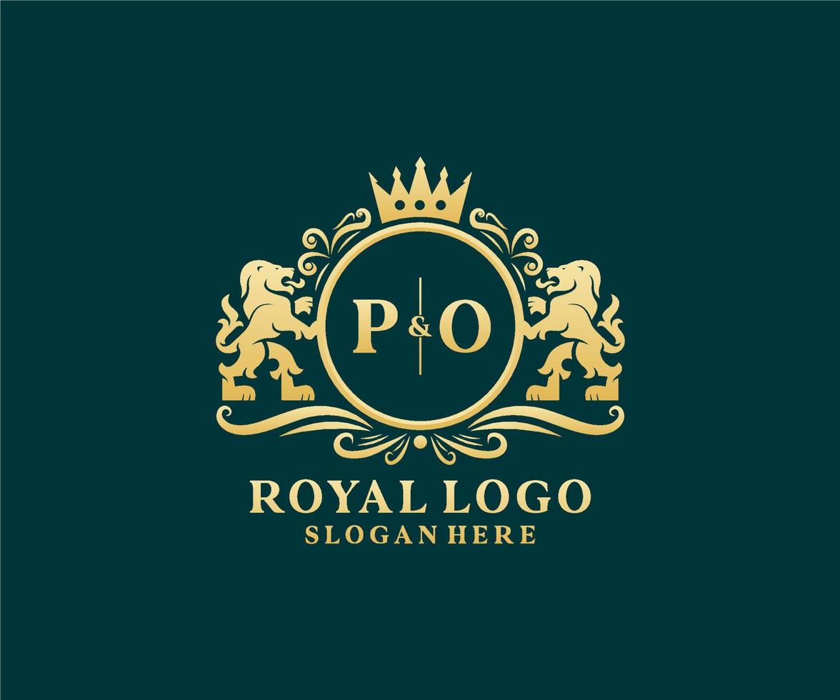 modèle initial de logo de luxe po lettre lion royal dans l'art vectoriel pour le restaurant, la royauté, la boutique, le café, l'hôtel, l'héraldique, les bijoux, la mode et d'autres illustrations vectorielles.