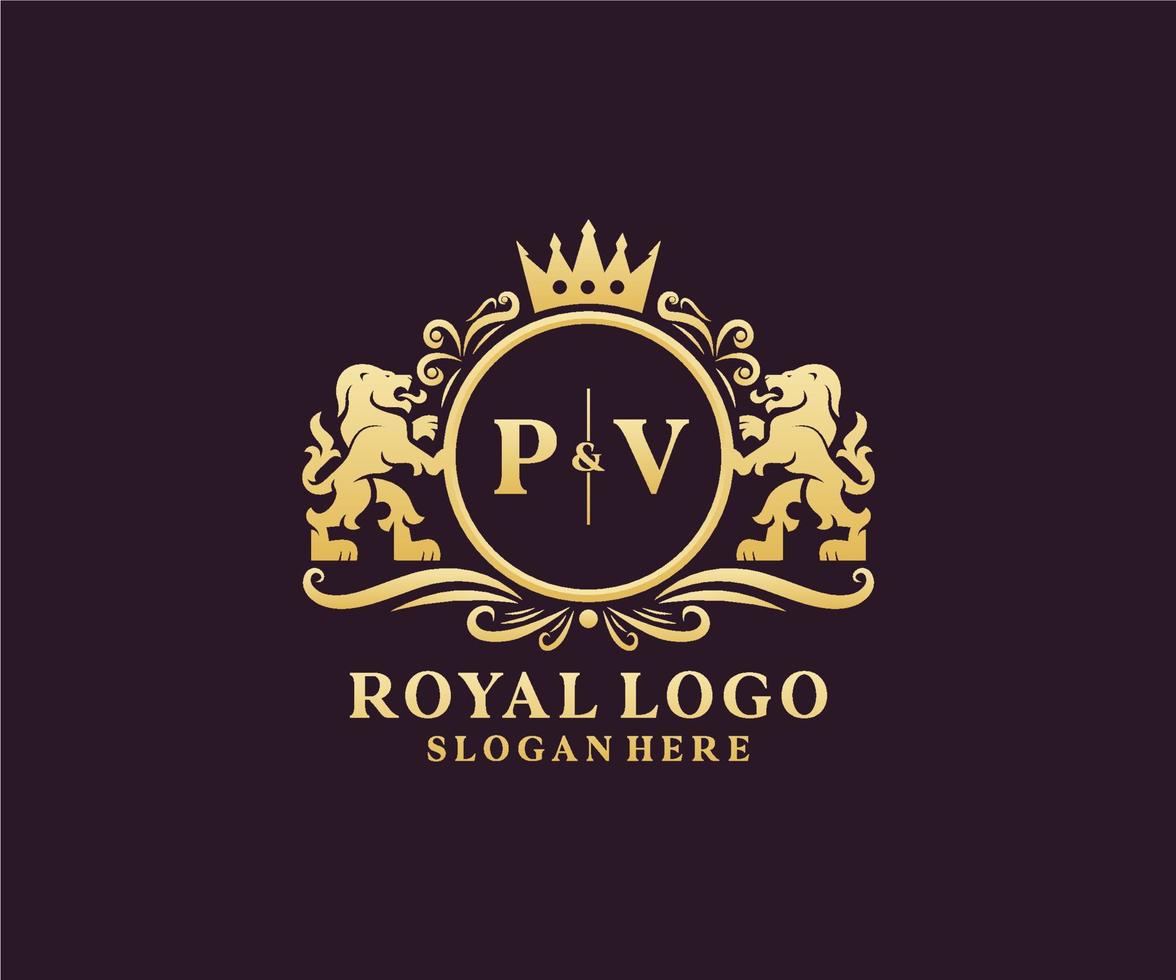 modèle initial de logo pv lettre lion royal luxe dans l'art vectoriel pour le restaurant, la royauté, la boutique, le café, l'hôtel, l'héraldique, les bijoux, la mode et d'autres illustrations vectorielles.