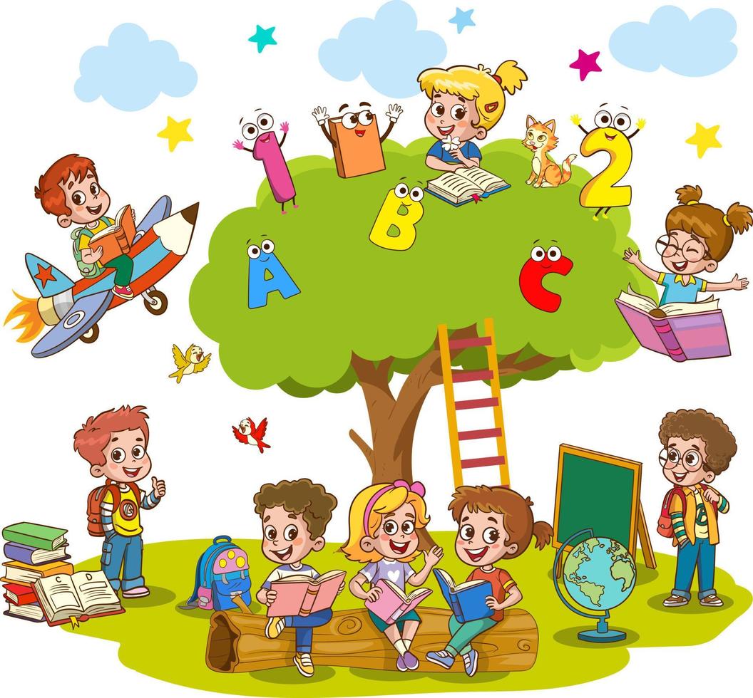 une dessin animé de les enfants en train de lire livres en dessous de une arbre avec le des lettres abc et c sur il. vecteur