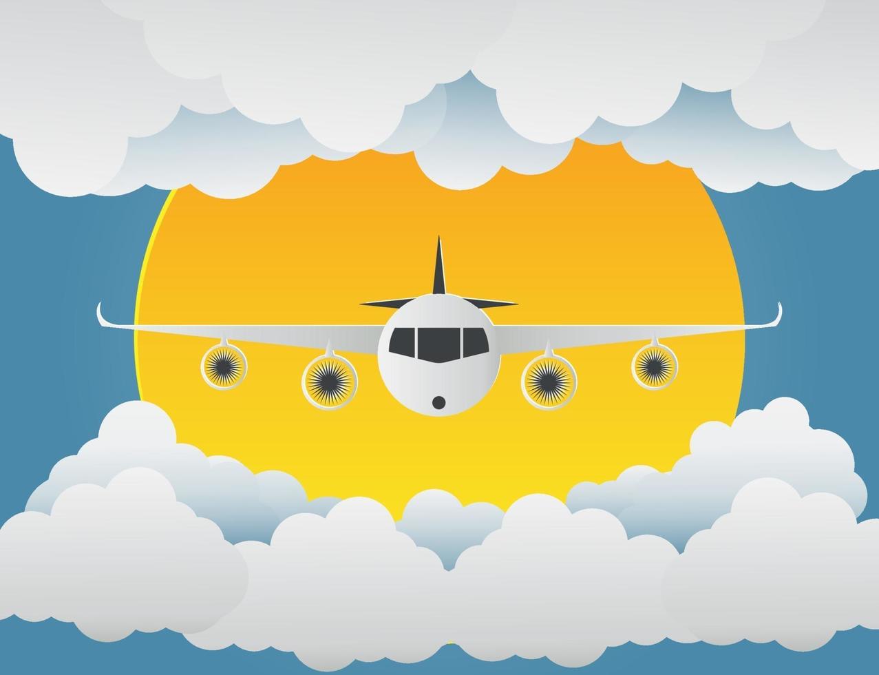 avion avec des nuages et du soleil sur fond bleu.illustration de papier art.vector vecteur