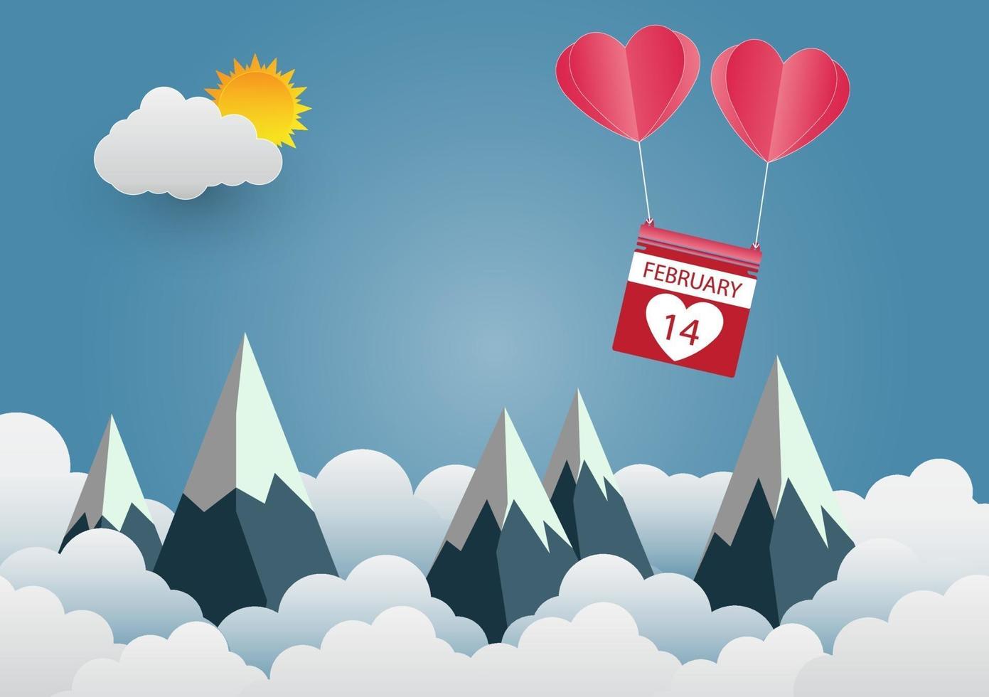 ballon de la Saint-Valentin en forme de coeur flottant dans le ciel et les belles montagnes cloud.paper art.vector illustration vecteur