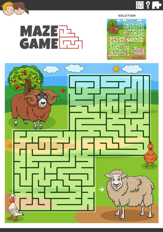 Labyrinthe Jeu activité avec dessin animé mouton personnages vecteur