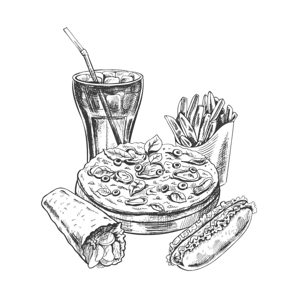 dessiné à la main esquisser de pizza, Cola verre, burrito, français frites et chaud chien, isolé. monochrome déchet nourriture ancien illustration. génial pour menu, affiche ou restaurant Contexte vecteur