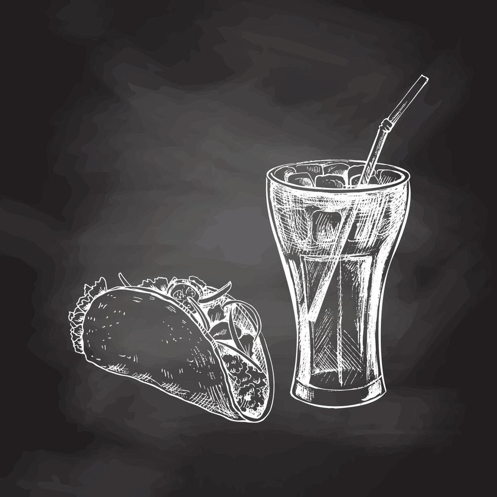 dessiné à la main blanc esquisser de tacos, Cola verre avec la glace isolé sur craie Contexte. monochrome déchet nourriture ancien illustration. génial pour menu, affiche ou restaurant Contexte. vecteur