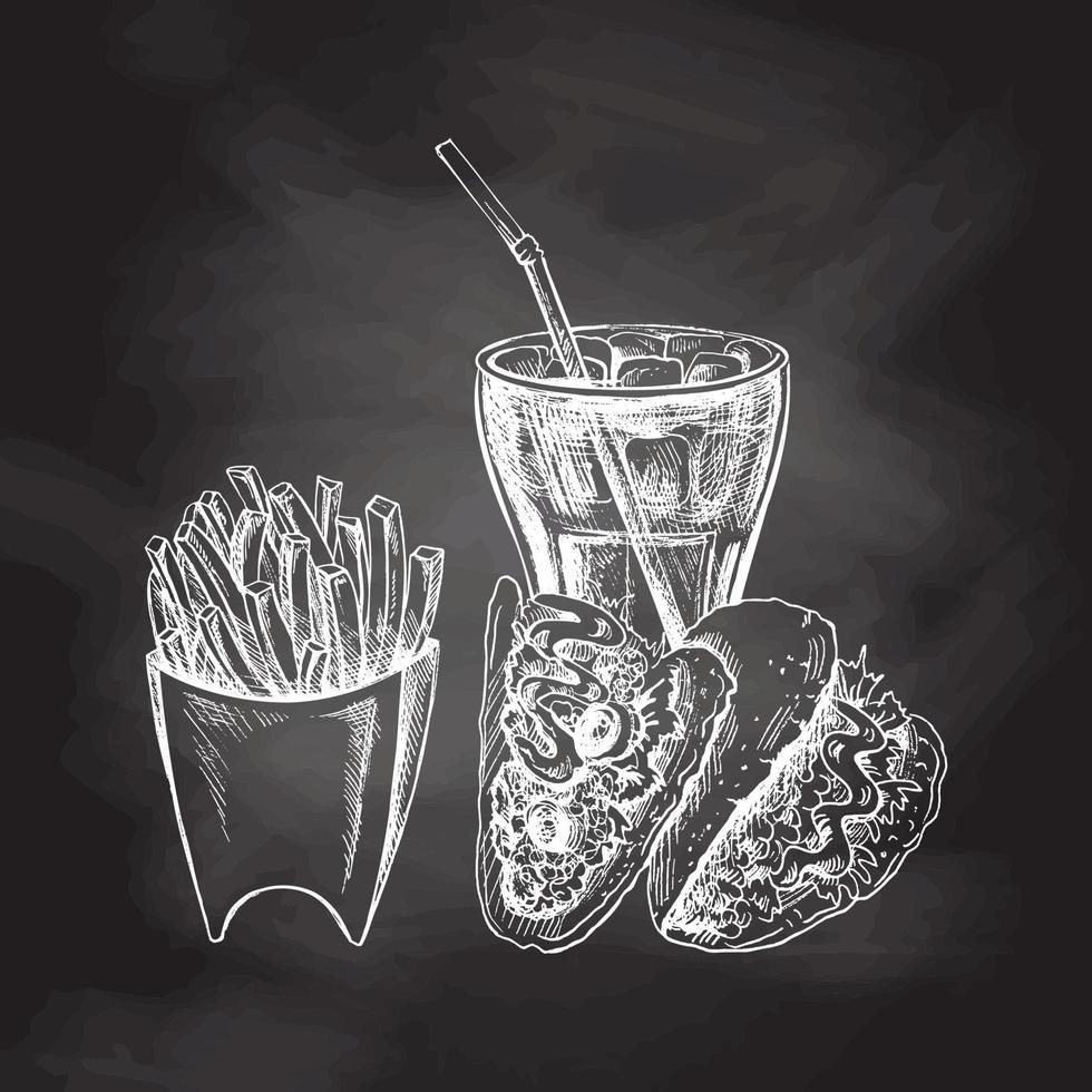 dessiné à la main blanc esquisser de français frites, tacos et Cola verre sur craie Contexte. monochrome déchet nourriture ancien illustration. génial pour menu, affiche ou restaurant Contexte. vecteur