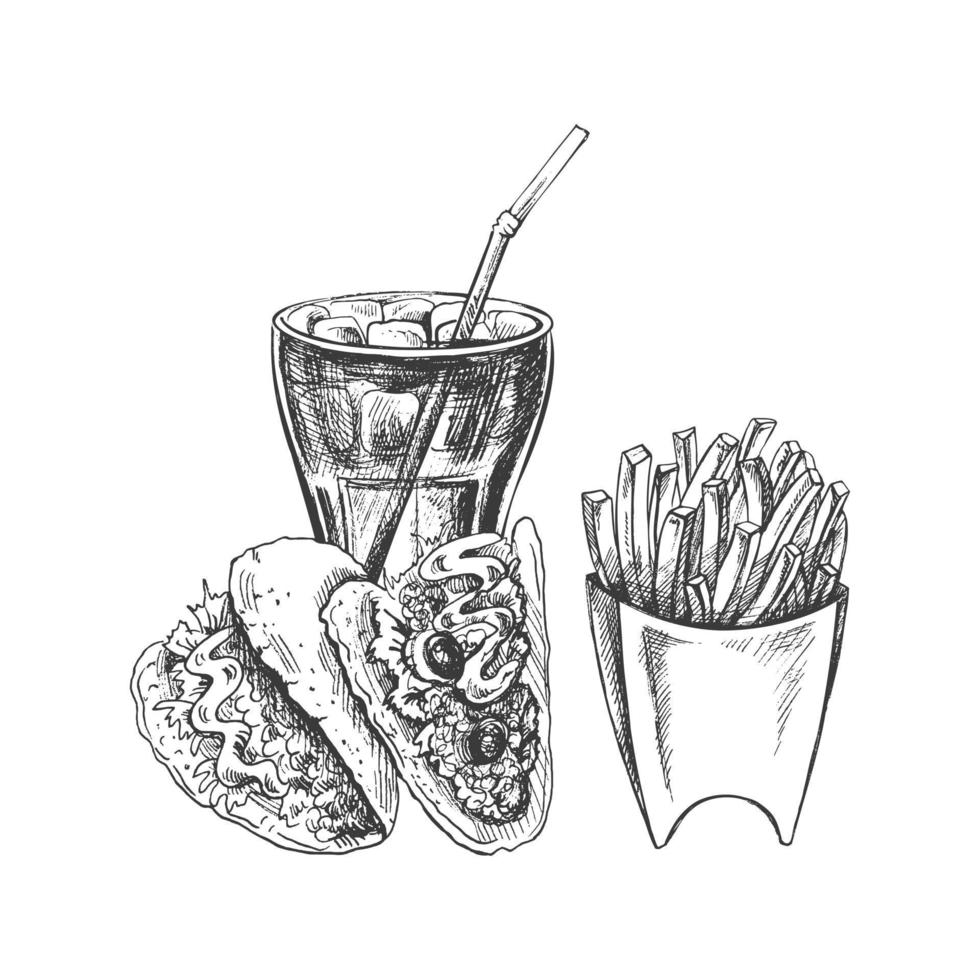 dessiné à la main esquisser de français frites, tacos et Cola verre, isolé. monochrome déchet nourriture ancien illustration. génial pour menu, affiche ou restaurant Contexte. vecteur