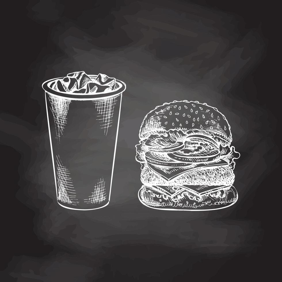 dessiné à la main blanc esquisser de Burger, papier tasse de Cola avec la glace isolé sur craie Contexte. monochrome déchet nourriture ancien illustration. génial pour menu, affiche ou restaurant Contexte. vecteur