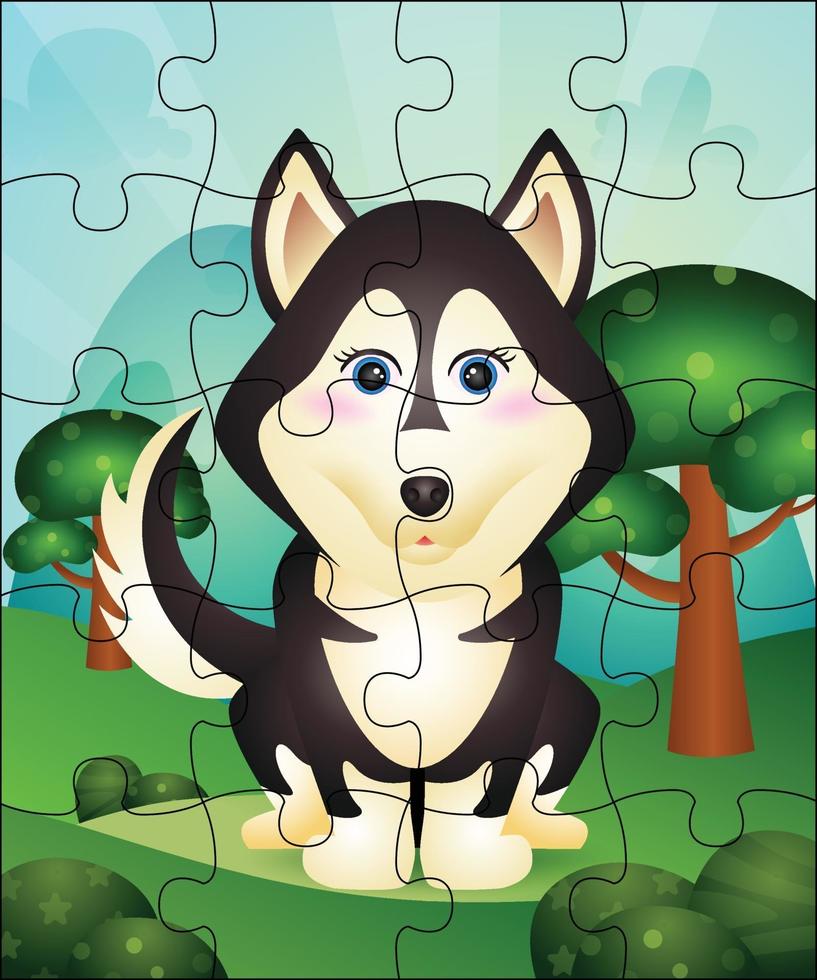 illustration de jeu de puzzle pour les enfants avec un chien husky mignon vecteur