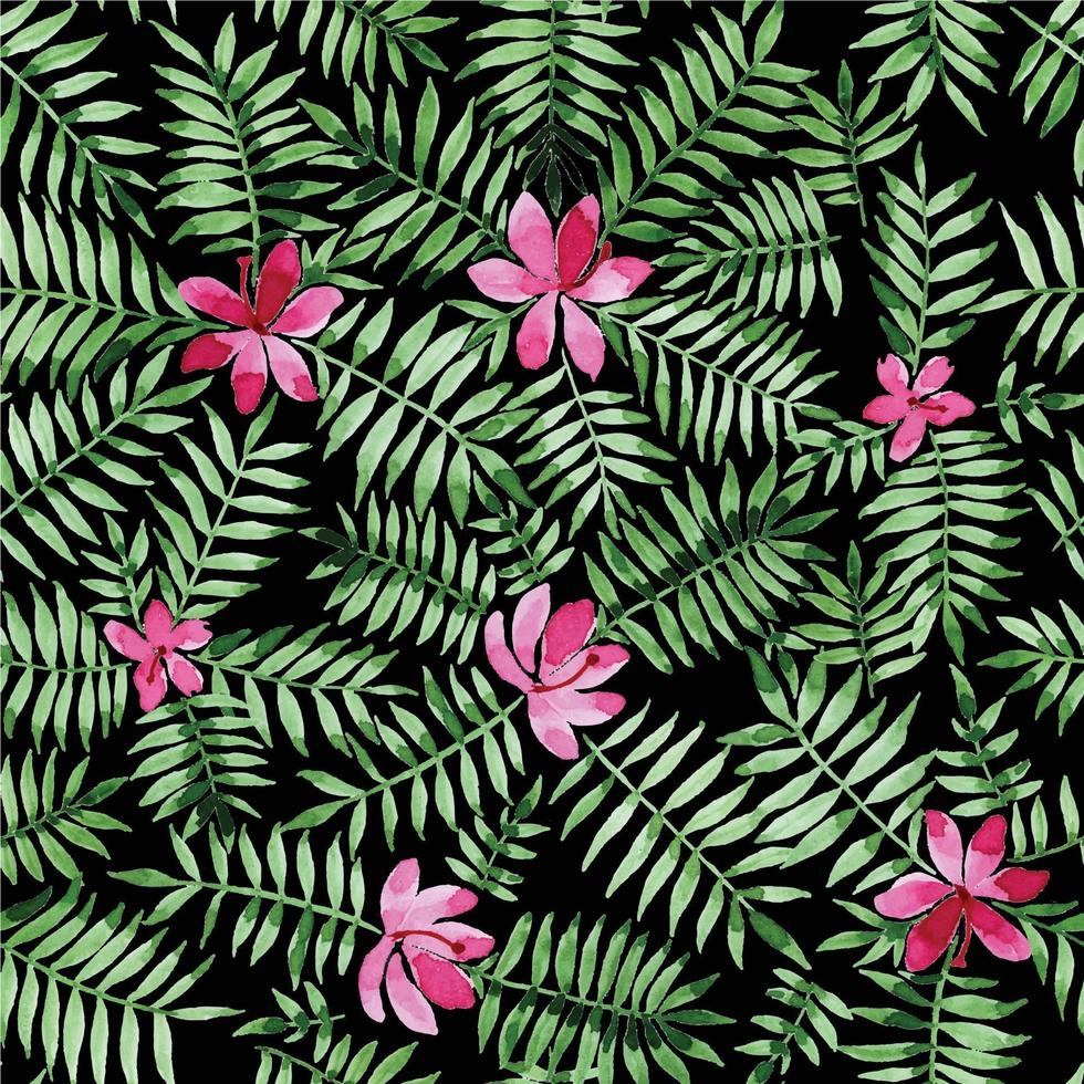 aquarelle sans couture modèle avec tropical fleurs et feuilles. paume feuilles sur foncé Contexte vecteur