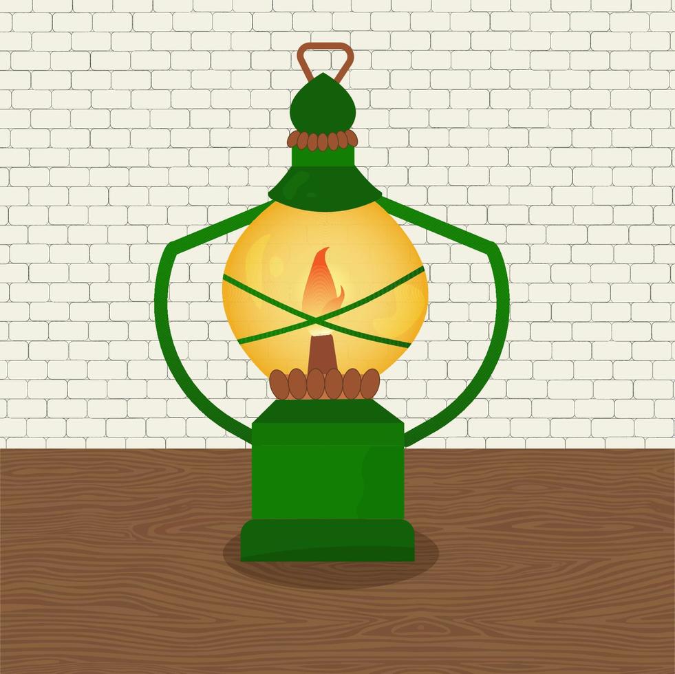 vert kérosène lampe sur le Contexte de une brique mur sur une en bois table dans dessin animé style vecteur